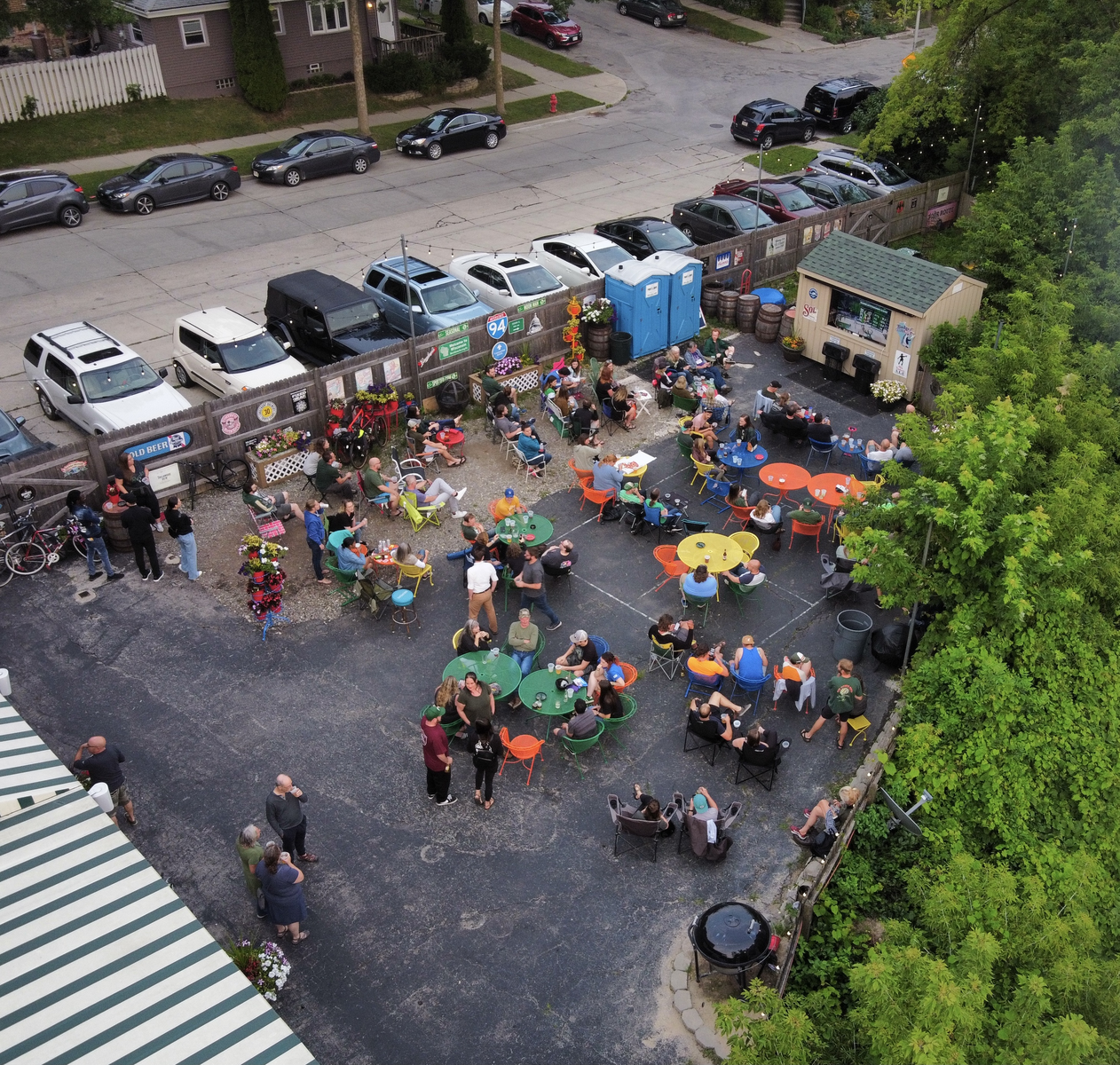 aerial view of beer garden with people in it